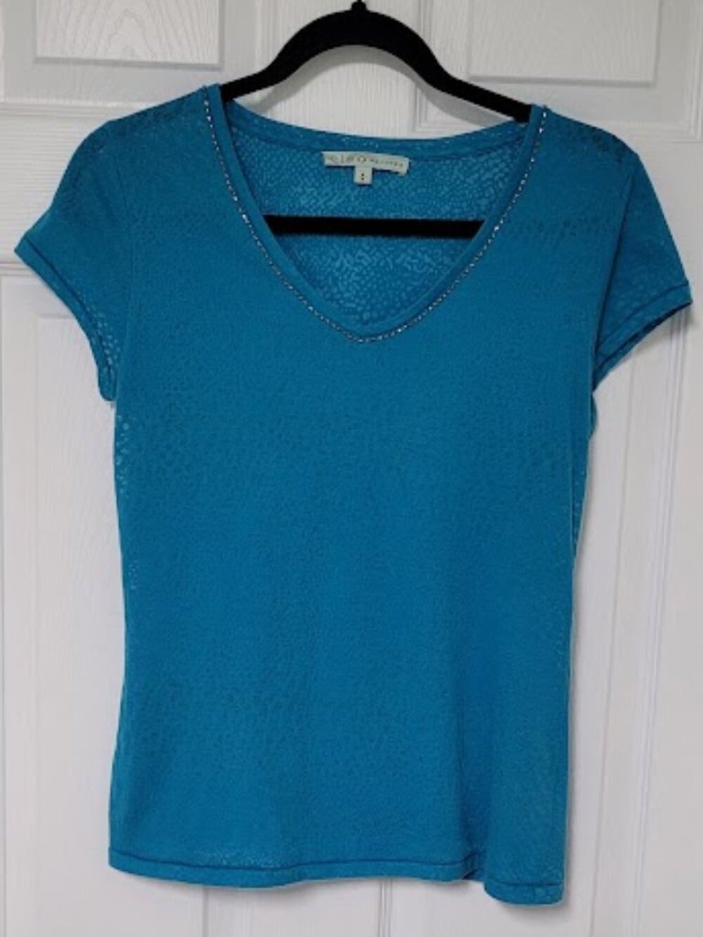 Cleo Petite-Turq Burnout Textured fabric-V-Neck w/ beading T-Shirt-Size Small